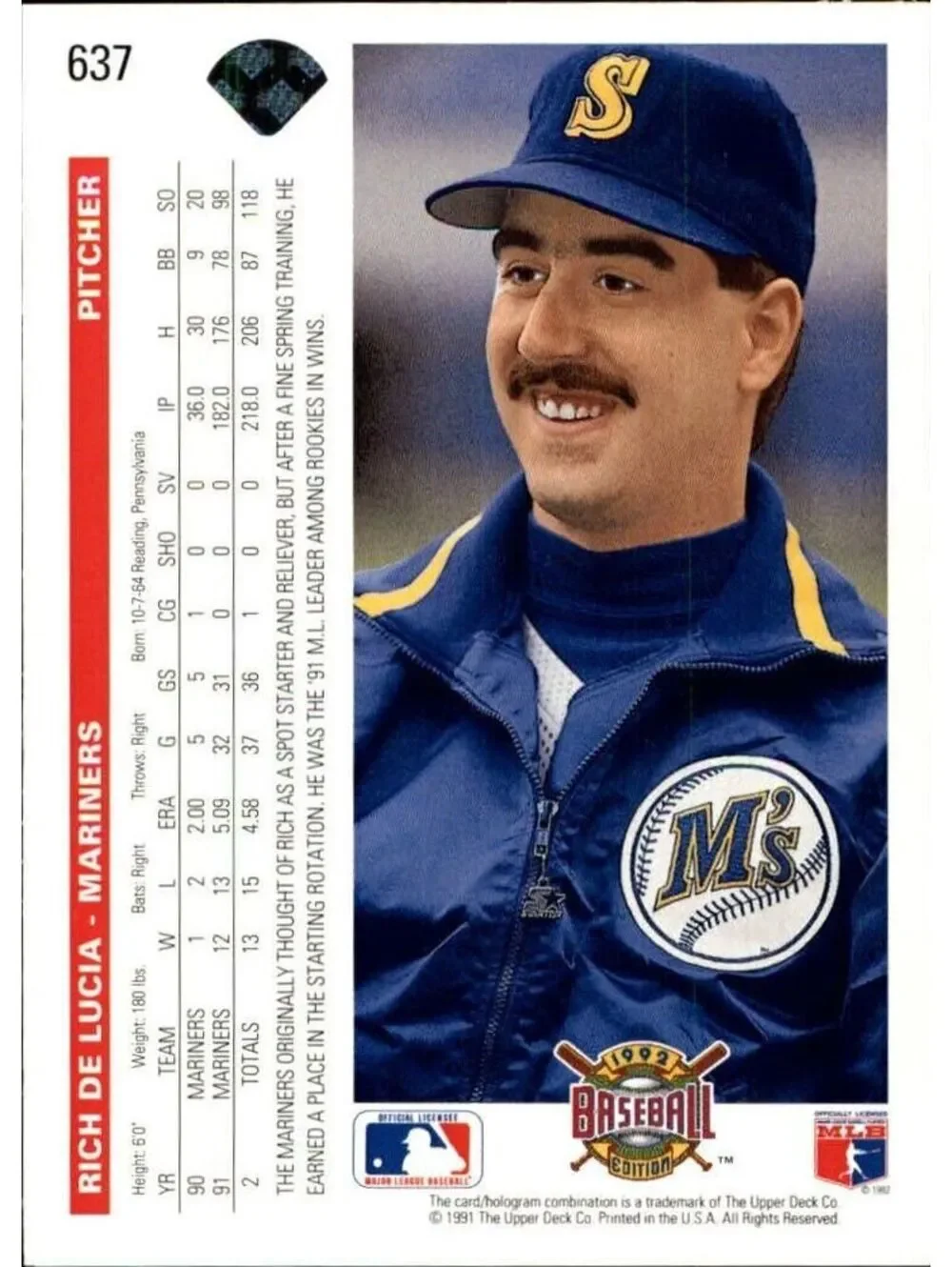 Rich DeLucia 1992 Upper Deck MLB #637 Baseball Card Seattle Mariners